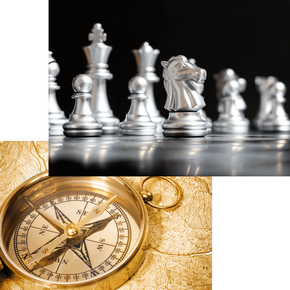 silver knight chess piece stand in front of team, golden compass– concept for leadership and strategy, future direction